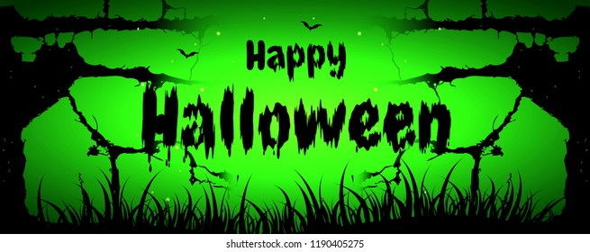 Happy Halloween and Tree on Green Backgrounds - Banner template