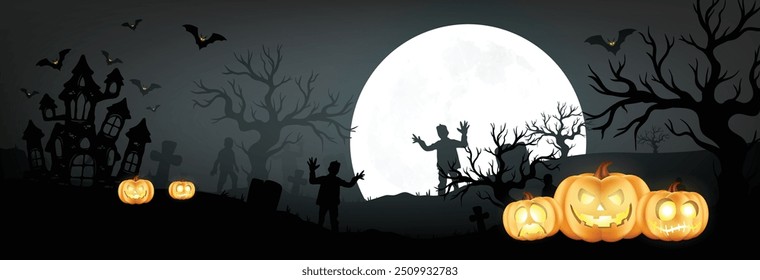 Feliz Halloween, árbol aterrador, castillo, calabazas, murciélago volando, diseño de Anuncio fantasma en la luz de la luna fondo azul oscuro, Eps 10 Ilustración vectorial