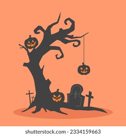 Happy Halloween trees of pumpkin on graveyard dark night and tombstone to celebrate Halloween celebrities' holiday greetings. Vector illustration cartoon.