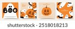 Happy Halloween trendy cards. Flat vector illustration with pumpkins, ghosts and bats. Cartoon Halloween holiday banners. Trendy holiday cards for decoration cover, banner, card,  social media, event.