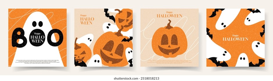 Happy Halloween trendy cards. Flat vector illustration with pumpkins, ghosts and bats. Cartoon Halloween holiday banners. Trendy holiday cards for decoration cover, banner, card,  social media, event.