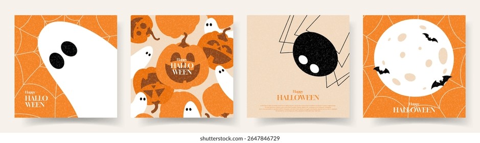 Happy Halloween trendy cards. Vector illustration with pumpkins, ghosts, spider, moon, bats. Flat cartoon Halloween banners. Trendy backgrounds for cover, banner, card,  social media, event.