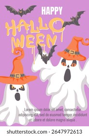 Happy Halloween. Trendy holiday poster with ghosts in witch hats and flying bats. October 31 holiday evening creative design. Vector illustration