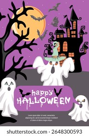 Happy Halloween. Trendy holiday poster with ghosts, bats and scary castles. October 31 holiday evening creative design. Vector illustration