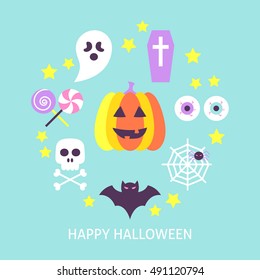 Happy Halloween Trendy Poster. Flat Design Vector Illustration. Collection of Trick or Treat Objects.