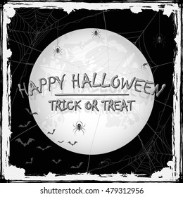 Happy Halloween, trick or treat, abstract grunge background with Moon, black spiders, cobwebs and bats, illustration.