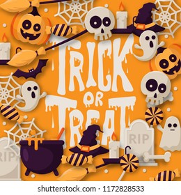 Happy Halloween Trick or treat Background with 
pumpkins, ghosts, candy, witch broom, bats, cobwebs, skulls, bones, headstones, witch hats. Flat icon. Vector Illustration