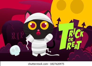 Happy Halloween Trick or Treat Background with Cute Mummy Black Cat, tombstone and Skull full moon night