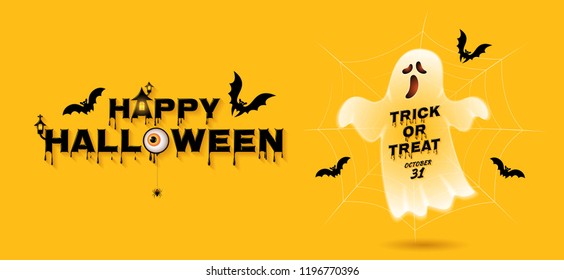 happy halloween trick or treat banner template ghost, bats and spider web on yellow background decoration for poster, web, coupon, flyer and card vector illustration