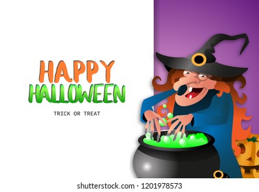 Happy Halloween Trick or treat banner with toothless witch in cap preparing potion in caldron on purple and white background. Realistic lettering can be used for invitations, signs, announcements