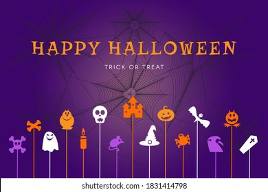 Happy halloween trick or treat banner for party poster background with pumpkins, witches, spiders and bats. Colorful graphic design of october event. Vector illustration