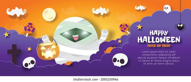 Happy Halloween trick or treat banner paper cut style background Vector illustration, fun party celebration invitation mummy with night clouds and pumpkins, sale promotion web and Place for text