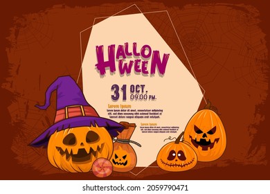 Happy Halloween (trick or treat) banner for invitation. Illustration Halloween night poster Pumpkin, candy, hat, bag, web for designer create banner web page