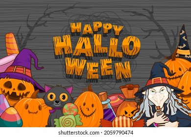 Happy Halloween (trick or treat) banner for invitation. Illustration Halloween night poster Pumpkin, candy, cat, black, tree, bat, tree, hat, poison, bottle, bat for designer create banner web page