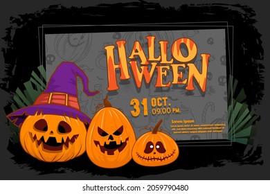 Happy Halloween (trick or treat) banner for invitation. Illustration Halloween night Poster Pumpkin, hat, leave, plant, skull, poison, pot, candy for designer create banner web page