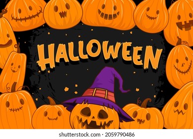 Happy Halloween (trick or treat) banner for invitation. Illustration Halloween night poster Pumpkin frame with witch hat for designer create banner web page