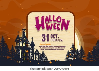 Happy Halloween (trick or treat) banner for invitation. Illustration Halloween night poster Castle, tree, moon, tower, cross, fog, frame for designer create banner web page