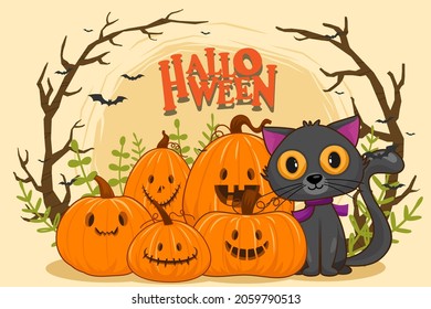 Happy Halloween (trick or treat) banner for invitation. Illustration Halloween night poster Pumpkin, candy, cat, black, tree, bat, leave, plant for designer create banner web page