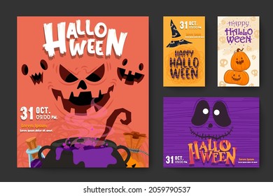 Happy Halloween (trick or treat) banner for invitation. Illustration Halloween night Poster Pumpkin, hat, witch, bottle, skull, pot, poison for designer create banner web page