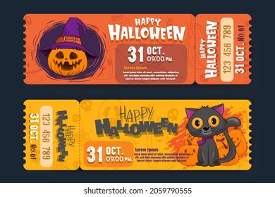 Happy Halloween (trick or treat) banner for invitation. Illustration Halloween night Poster Pumpkin, hat, witch, bone, skull, bottle, poison, web, cat for designer create banner web page