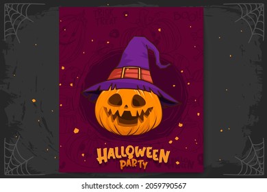 Happy Halloween (trick or treat) banner for invitation. Illustration Halloween night Poster Pumpkin, hat, witch, bone, skull, candy, pot, poison for designer create banner web page