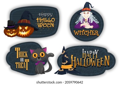 Happy Halloween (trick or treat) banner for invitation. Illustration Halloween night sticker Witch, pumpkin, bottle, hat, cat, black, poison, sticker for designer create banner web page