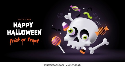 Happy Halloween - Trick or Treat banner. Creative illustration with floating funny skull and falling sweets for kids around. Isolated on dark background. Halloween greeting card concept. 3d style.