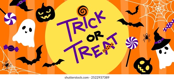 Feliz Halloween truque ou tratar banner, design de letras no centro, decorar com doces, abóboras, fantasmas bonitos, morcegos, teia de aranha, chapéu de bruxa e fundo de cor laranja