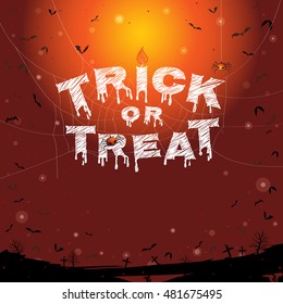 Happy Halloween, trick or treat banner background with flying bats and graveyard 