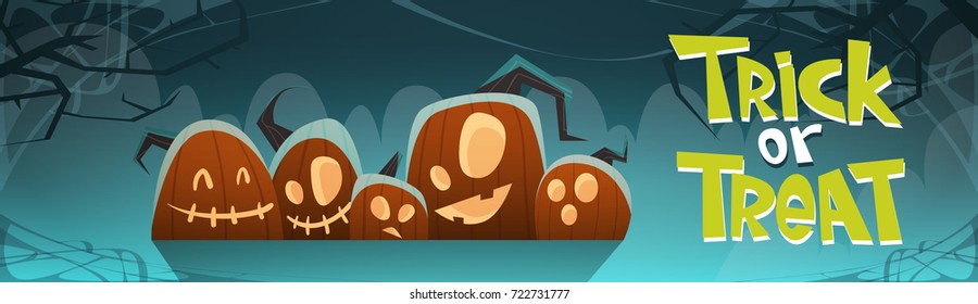 Happy Halloween Trick Or Treat Banner Different Pumpkins Traditional Decoration Greeting Card Flat Vector Illustration