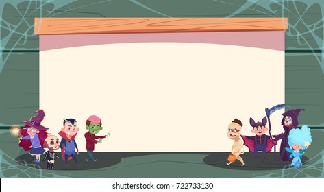 Happy Halloween Trick Or Treat Banner Cute Kids Monsters Over Empty Copy Space Greeting Card Flat Vector Illustration