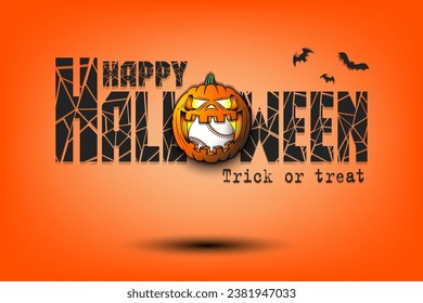 Happy Halloween. Trick or treat. Baseball ball inside frightening pumpkin. Pattern for banner, poster, greeting card, invitation. Vector illustration on an isolated background