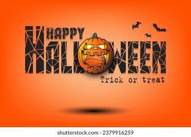 Happy Halloween. Trick or treat. Basketball ball inside frightening pumpkin. Pattern for banner, poster, greeting card, invitation. Vector illustration on an isolated background