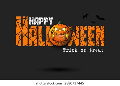 Happy Halloween. Trick or treat. Basketball ball inside frightening pumpkin. Pattern for banner, poster, greeting card, invitation. Vector illustration on an isolated background