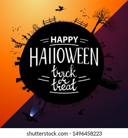 Happy Halloween, trick or treat, black round greeting card with silhouette of the planet at Halloween night