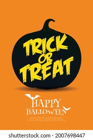 Happy halloween Trick or treat with black pumpkin on orange background, vector illustration