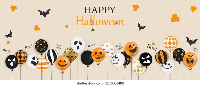 Happy Halloween. Trick or treat. Boo. Scary air balloons. Holiday concept with halloween glitter confetti ghost balloons funny faces for banner, website, poster, greeting card, party invitation.vector