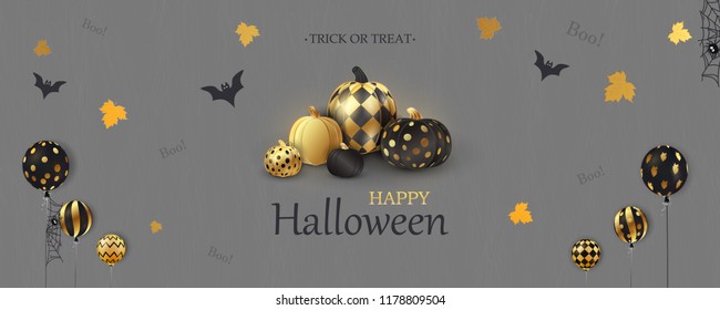 Happy Halloween. Trick or treat. Boo. Holiday concept with glitter confetti ghost balloons, gold, black halloween pumpkins for banner, website, poster, greeting card, party invitation. vector.