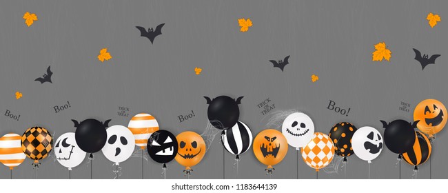Happy Halloween. Trick or treat. Boo. Scary air balloons. Holiday concept with halloween glitter confetti ghost balloons funny faces for banner, website, poster, greeting card, party invitation. 