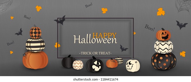 Happy Halloween. Trick or treat. Boo. Holiday concept with ghost orange, white, black halloween pumpkins funny faces, spider web for banner, website, poster, greeting card, party invitation