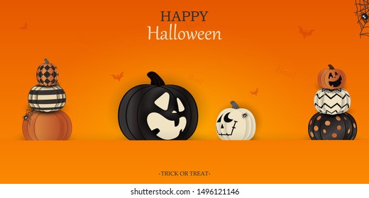 Happy Halloween. Trick or treat. Boo. Holiday concept with ghost orange, white, black halloween pumpkins funny faces, spider web with big signboard. vector illustration.