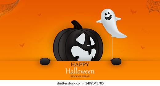 Happy Halloween. Trick or treat. Boo. Holiday concept with ghost black halloween pumpkin funny face, glitter white ghost balloon, spider web with  orange big signboard. vector illustration.