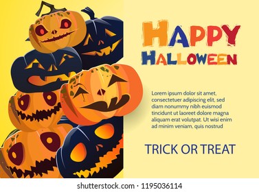 Happy Halloween trick or treat bright yellow banner design. Multicolored lettering with cartoon pumpkins on bright yellow background. Can be used for invitations and presentations. 