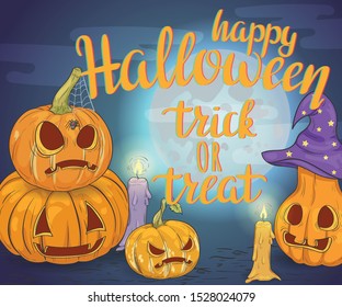Happy Halloween Trick or Treat. Card / Flyer / Banner with Pumpkins and Full Moon