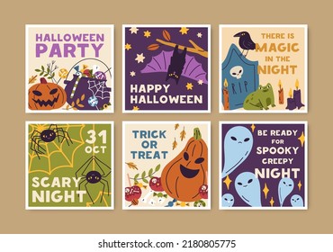 Happy Halloween, Trick and Treat Card Designs Set. Fantastische Postkartenvorlagen für die Feiertagsnacht mit Helloween Kürbis, Spinne. Kinder, flache grafische Vektorgrafik einzeln auf weißem Hintergrund