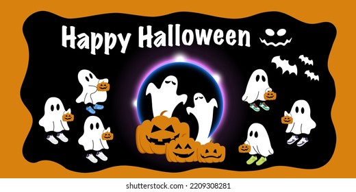 Happy Halloween, Trick and Treat card designs set. Happy Halloween banner or party invitation background with pumpkins, ghosts, dark moon and flying bat. Black full moon in the sky. Vector illustratio