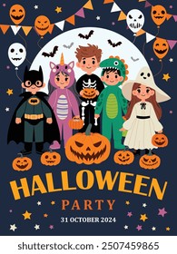 Happy Halloween, Trick and Treat card design with kids in skeleton, witch, dinosaur, ghost costumes. Funny spooky postcard templates for holiday night with Helloween. Kids flat vector illustration.