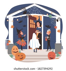 Happy halloween. Trick or treat. Children dressed in costumes of a witch, a skeleton, a ghost, ask for candy at the house of a woman witch. Vector.