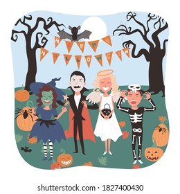 Happy halloween. Trick or treat. Children dressed in costumes of a witch, a skeleton, a angel, a dracula scare. Halloween party. Vector.