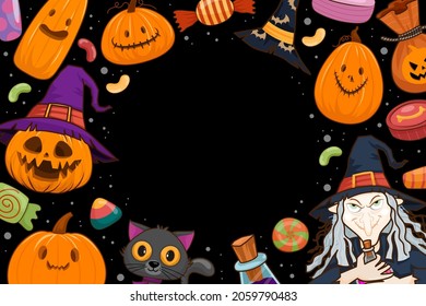 Happy Halloween (trick or treat) circle frame for invitation. Illustration Halloween night poster Pumpkin, candy, cat, black, witch, hat, poison, bottle for designer create banner web page